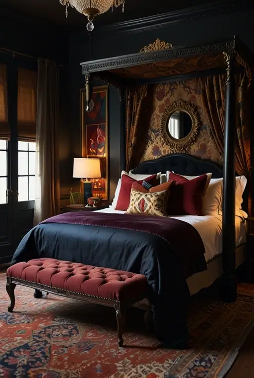 13. Eclectic Bedroom with Dramatic Canopy Bed