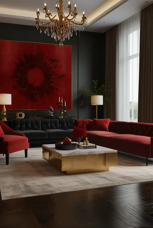 20. Dramatic Living Room with Deep Red Accents