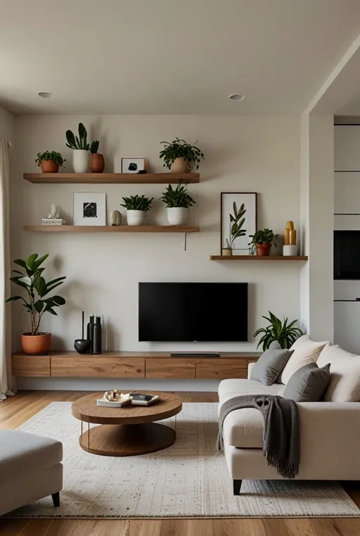 4. Wall-Mounted TV with Floating Shelves