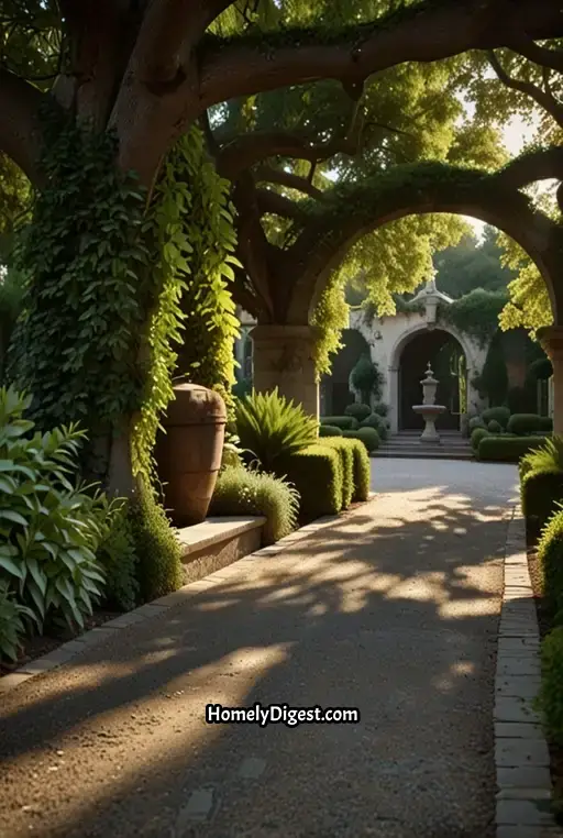 1. Elegant Tree-Lined Driveway with Ivy-Covered Arches