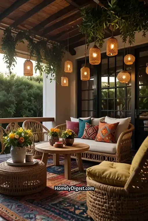 10. Boho Dining with Woven Furniture and Vibrant Textiles