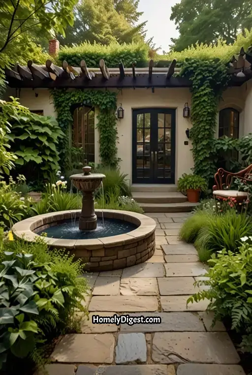 10. Garden Inspired Patio with Greenery and Water Features