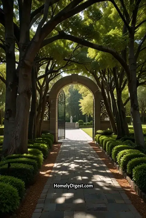 10. Winding Tree-Lined Driveway with Stone Gate Entrance