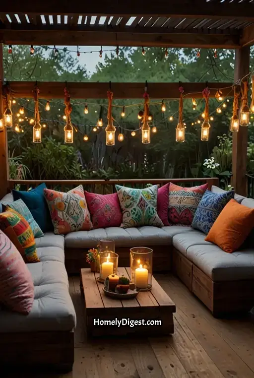 11. Boho Deck with Colorful Hanging Baskets