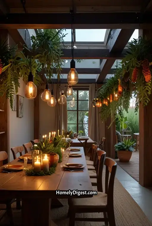 11. Boho Dining with Colorful Ceramics and Hanging Fabrics