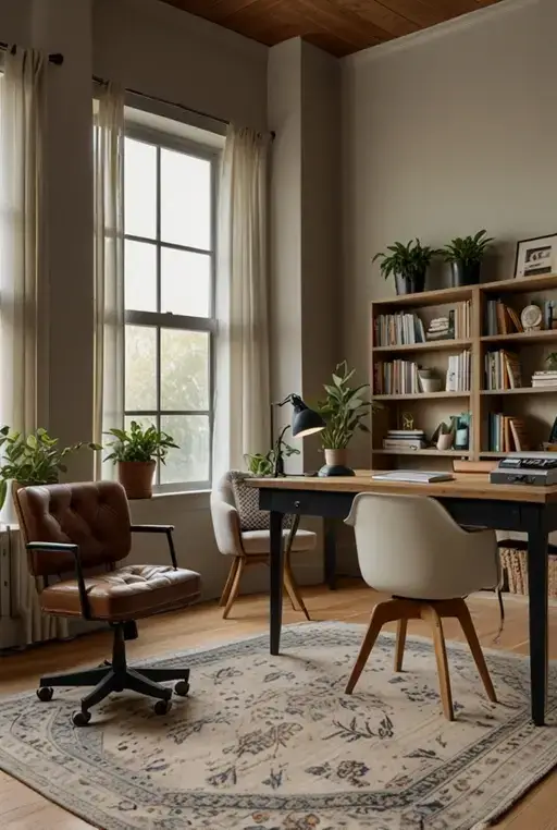 11. Farmhouse Office with Wooden Desk and Shelving