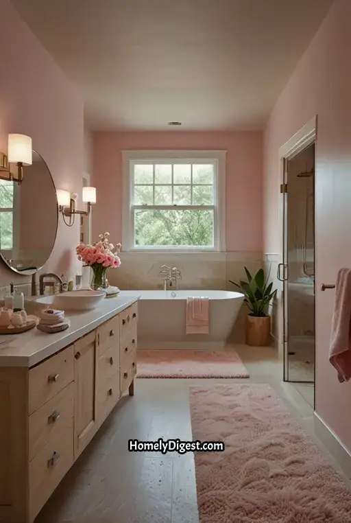 11. Serene Pink Bathroom with Soft Lighting