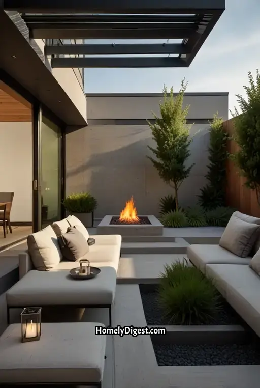 11. Sleek Patio with Minimalist Design and Fire Pit
