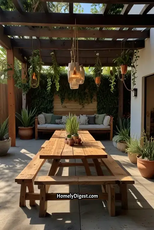 12. Boho Dining with Outdoor Bench Seating and Plants