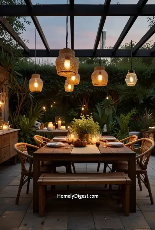 13. Boho Dining with Warm Lighting and Vintage Accessories