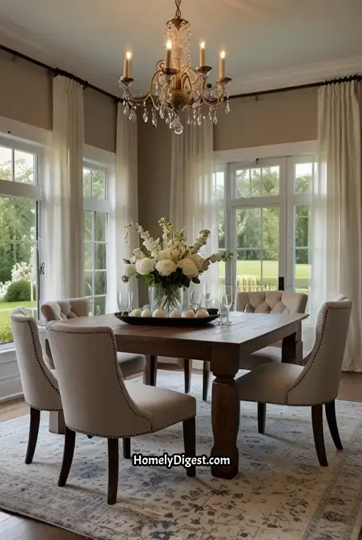 13. Chic Farmhouse Dining Room with Glass Chandelier