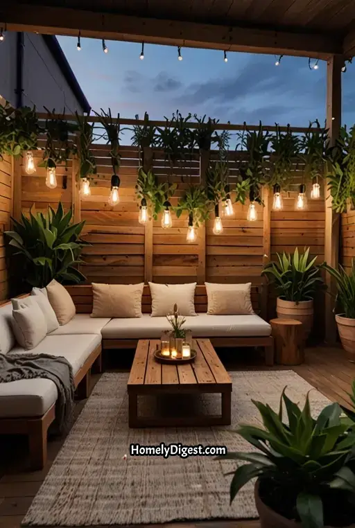 14. Elegant Boho Deck with Wooden Slat Wall
