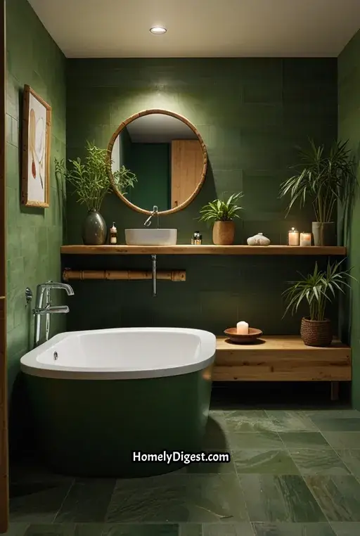 14. Green Zen Bathroom with Bamboo Accents