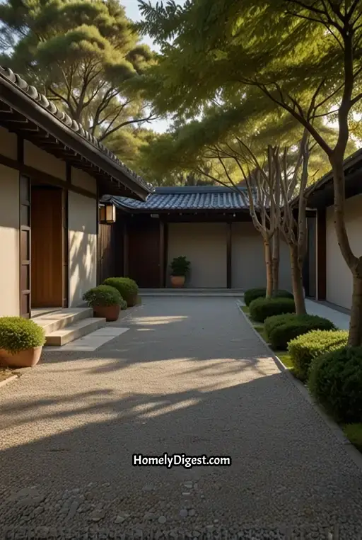 14. Serene Zen Garden Tree-Lined Driveway