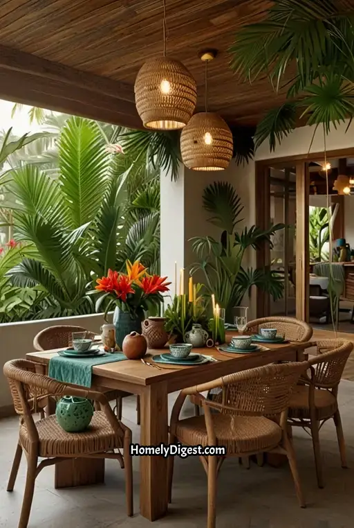 15. Boho Dining with Tropical Vibes and Teak Furniture