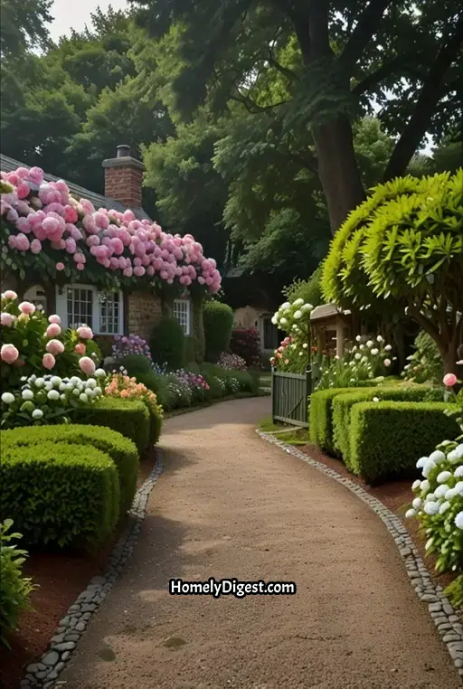 15. Charming Cottage-Style Tree-Lined Driveway with Flowering Bushes