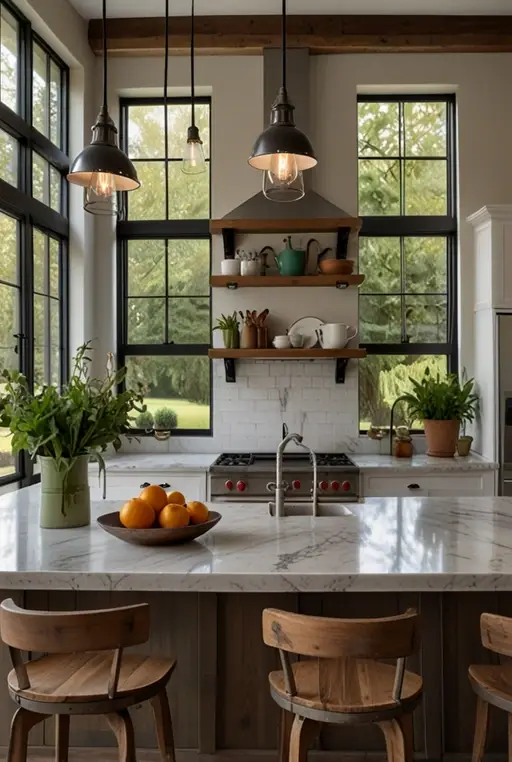 15. Spacious Farmhouse Kitchen with Island and Pendant Lights