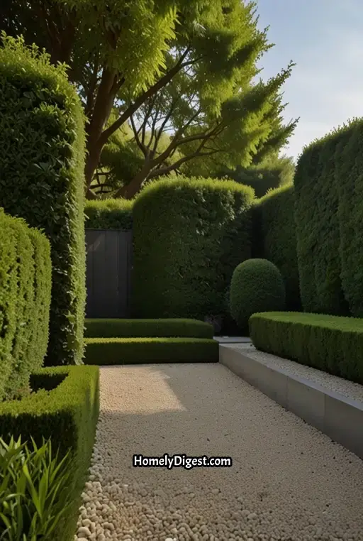 15. Tall Hedge Fence with Zen Garden Vibes