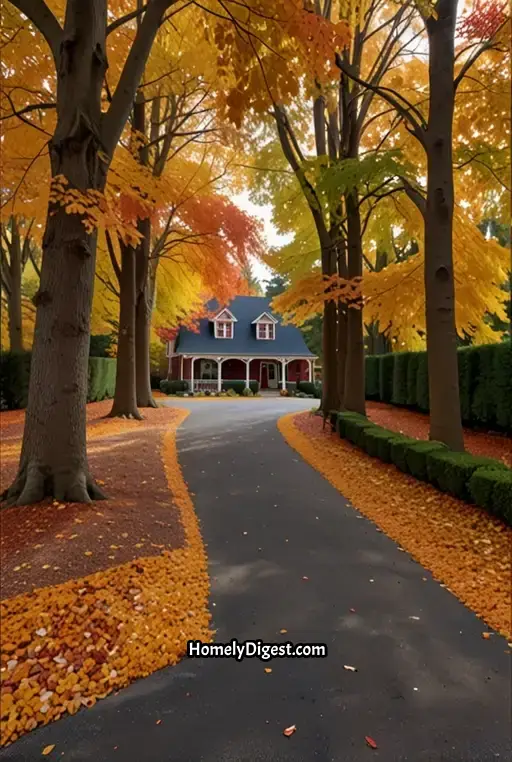 16. Autumn-Themed Tree-Lined Driveway with Colorful Leaves