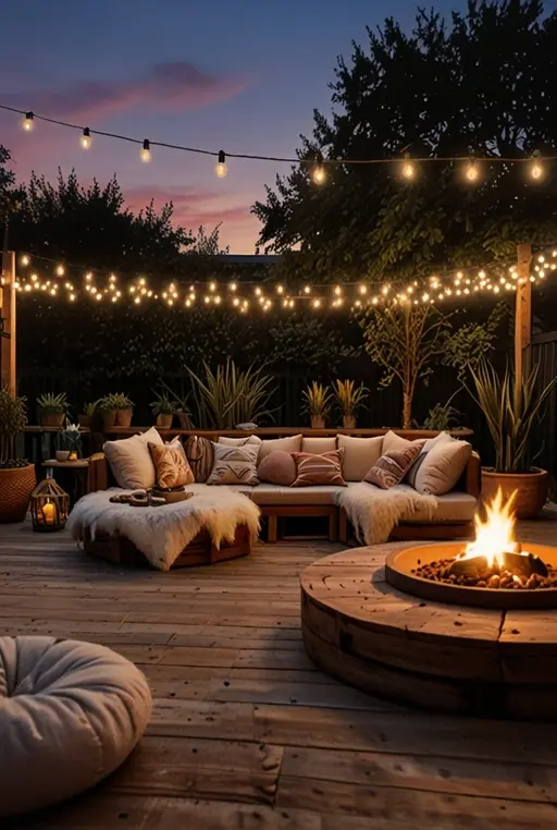 16. Boho Deck with Cozy Fire Pit and Bean Bags