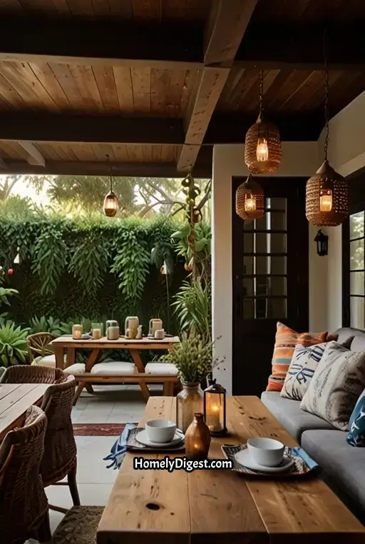 16. Boho Dining with Low-Profile Seating and Dreamy Lighting