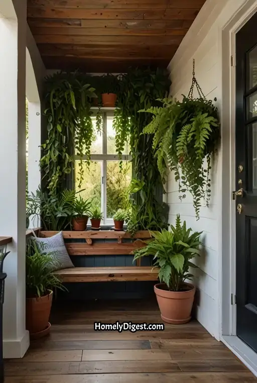 16. Natural Wood Details and Hanging Plants
