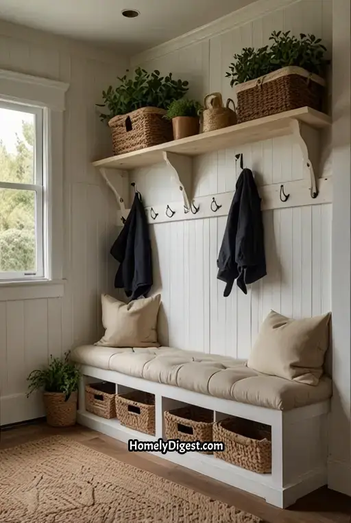 16. Rustic Farmhouse Mudroom with Storage Bins