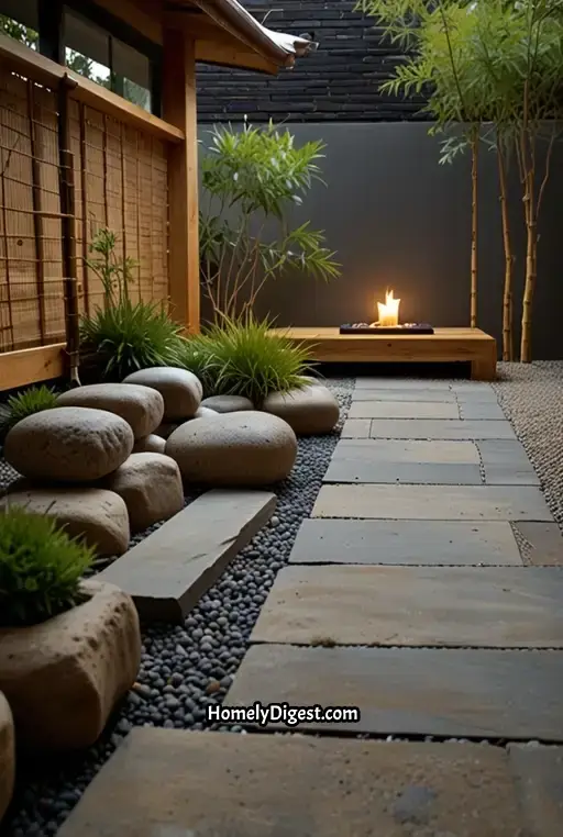 16. Zen Inspired Patio with Stone Path and Japanese Lanterns