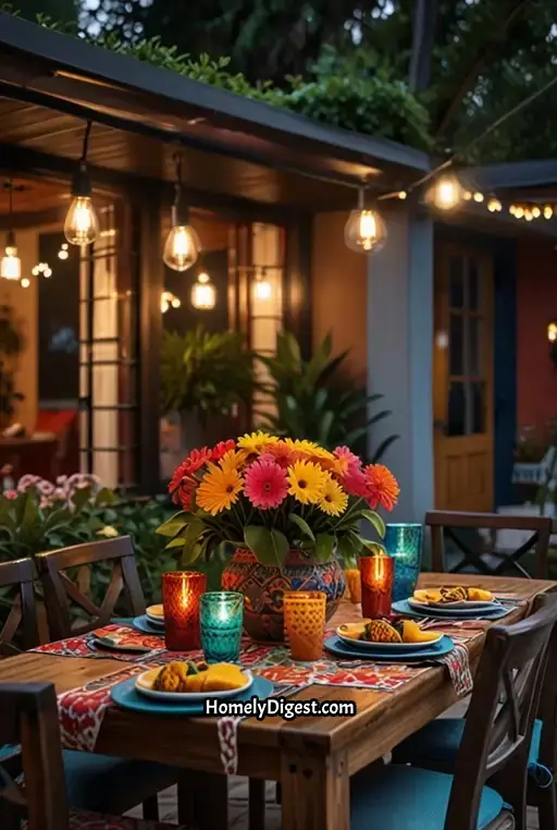 17. Boho Dining with Bold Prints and Vibrant Pillows
