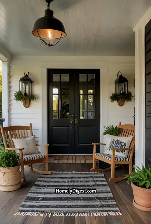 17. Farmhouse Porch with Rocking Chairs and Hanging Plants