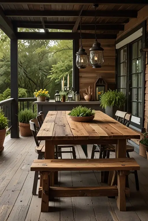 18. Farmhouse Inspired Patio with Wooden Furniture and Lanterns