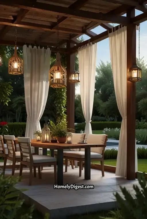 18. Outdoor Dining with Pergola and Curtains