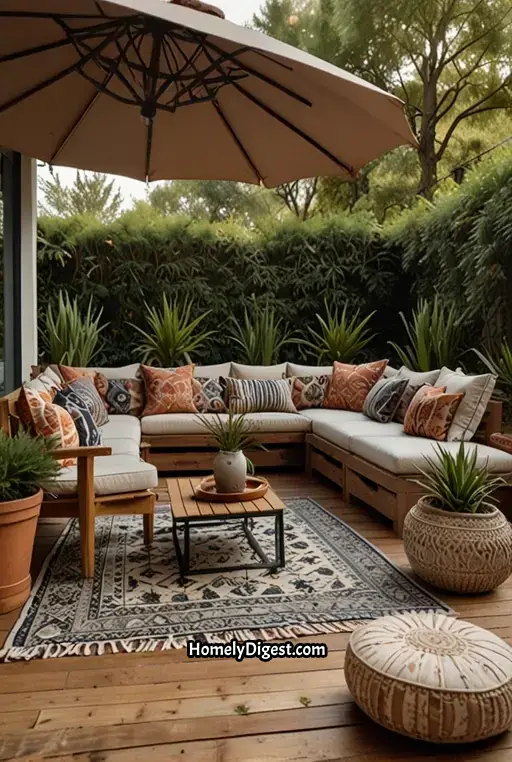 19. Boho Deck with Patterned Pillows and Large Umbrella