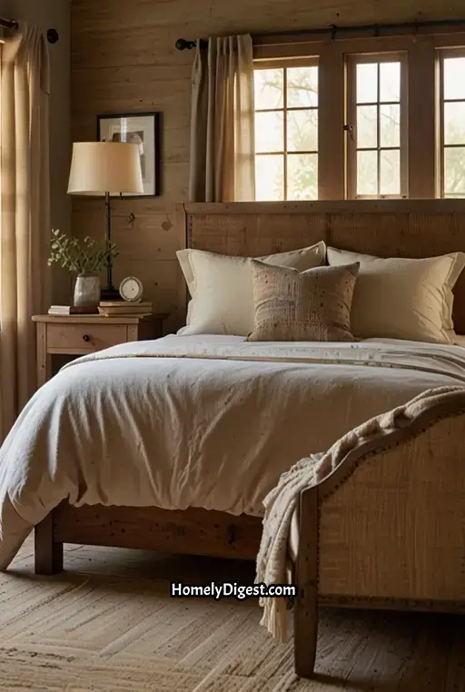 19. Farmhouse Bedroom with Textured Walls and Neutral Bedding