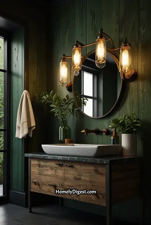 2. Dark Green Rustic Bathroom Design
