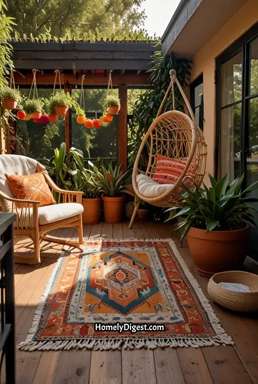 2. Vibrant Boho Deck with Hanging Chairs