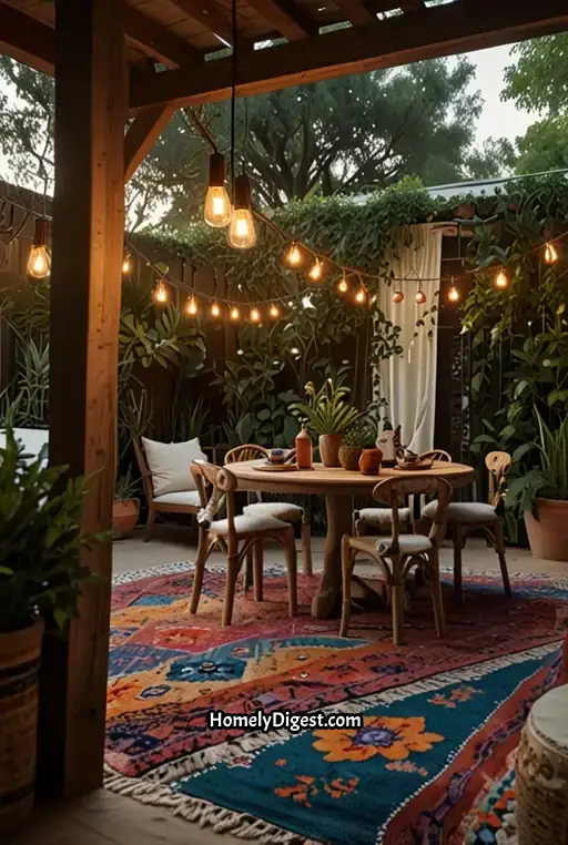 2. Vibrant Boho Dining Space with Patterned Rugs