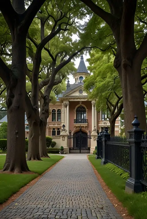 20. Classic Victorian Tree-Lined Driveway with Iron Gate