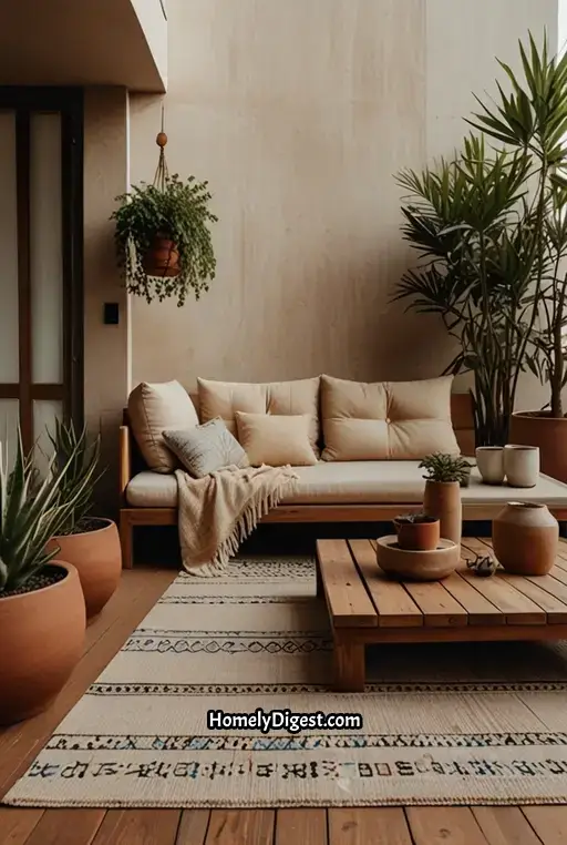 20. Minimalist Boho Deck with Geometric Rugs