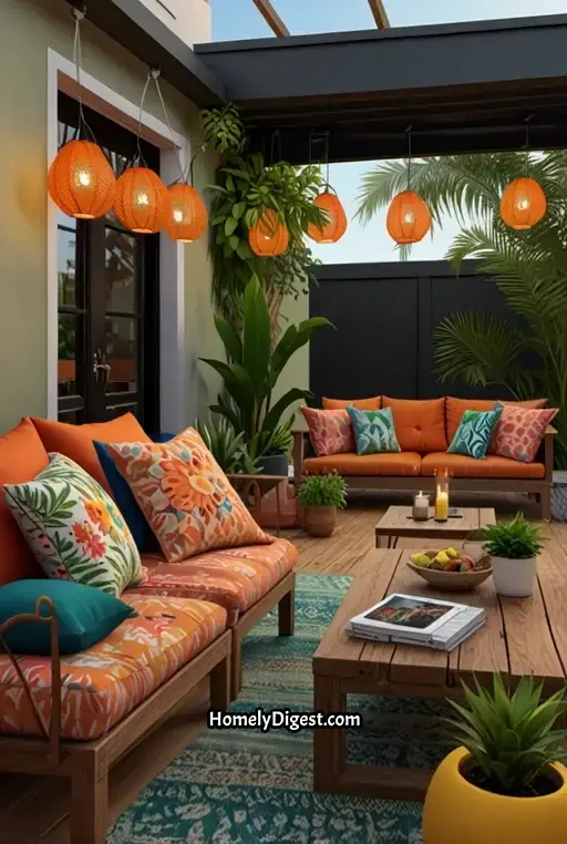 20. Tropical Porch with Colorful Furniture and Hanging Lights