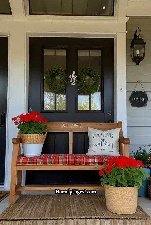 21. Bright Red Geraniums and Farmhouse Sign