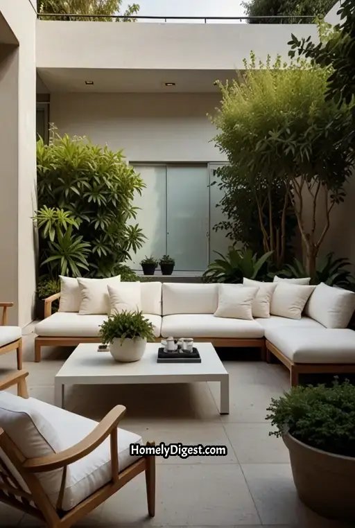 21. Elegant Patio with White Furniture and Greenery