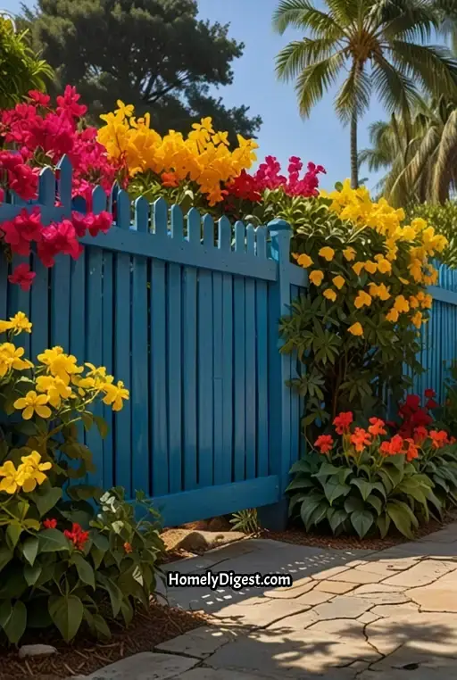 22. Brightly Colored Fence with Tropical Garden
