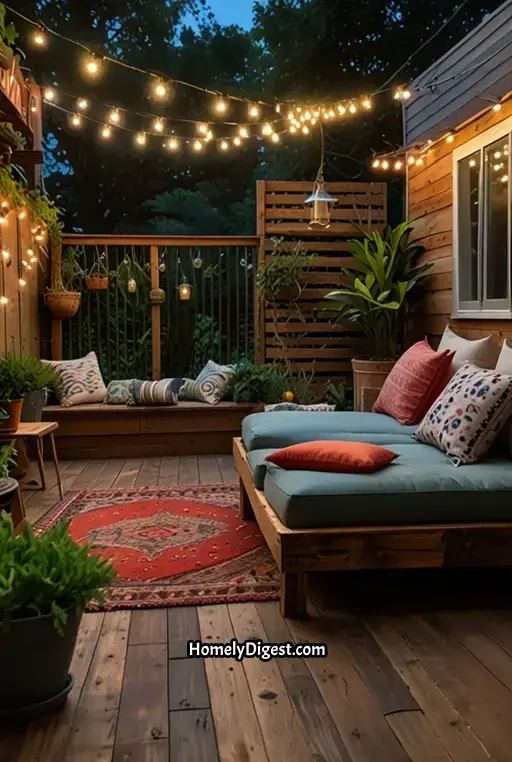 23. Boho Deck with Recycled Materials and Upcycled Furniture