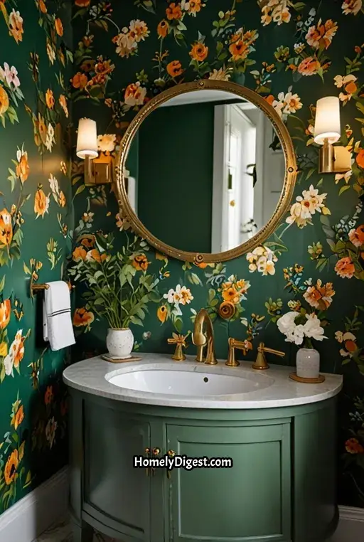 23. Bright Green Floral Bathroom
