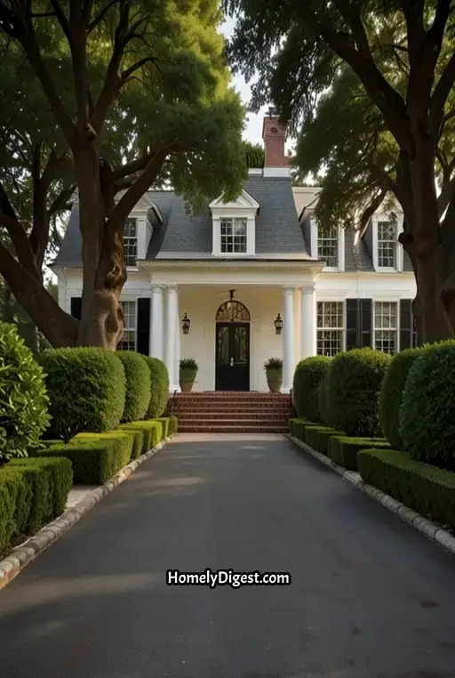 23. Colonial-Inspired Tree-Lined Driveway with Boxwood Hedges