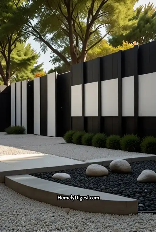23. Minimalist Black and White Fence with Zen Stones