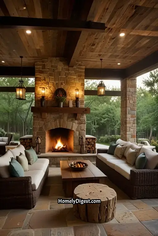 23. Rustic Patio with Stone Fireplace and Cozy Seating