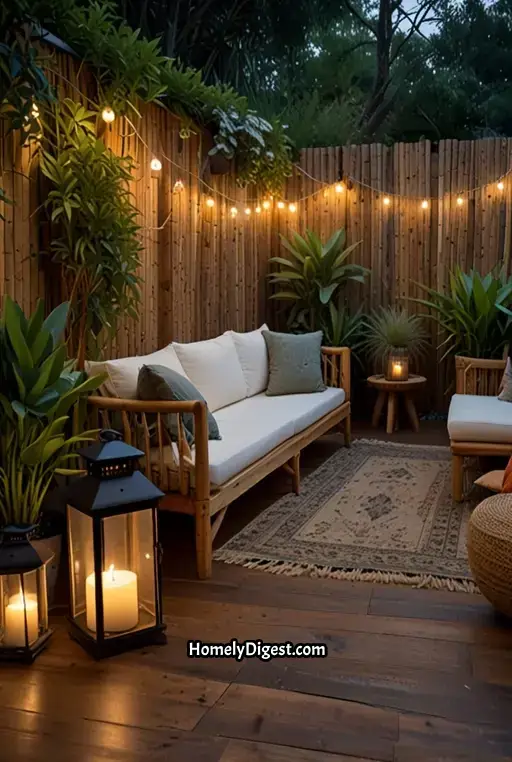 24. Boho Deck with Tall Greenery and Bamboo Fence