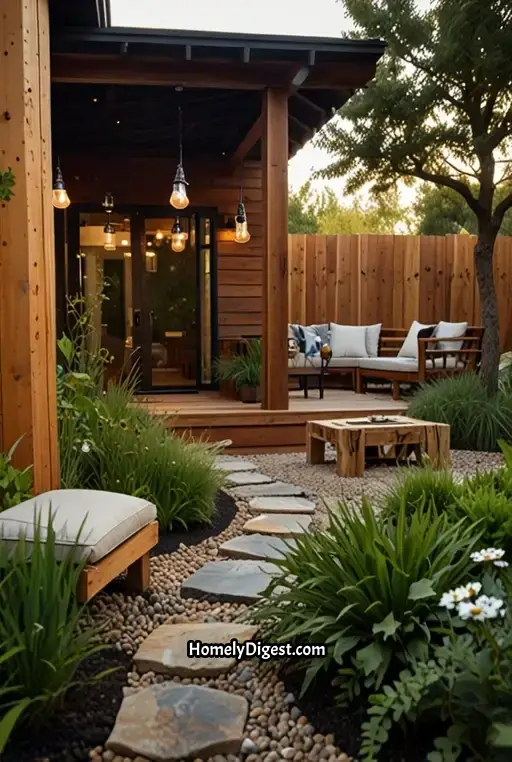24. Eco Friendly Patio with Solar Lights and Recycled Materials